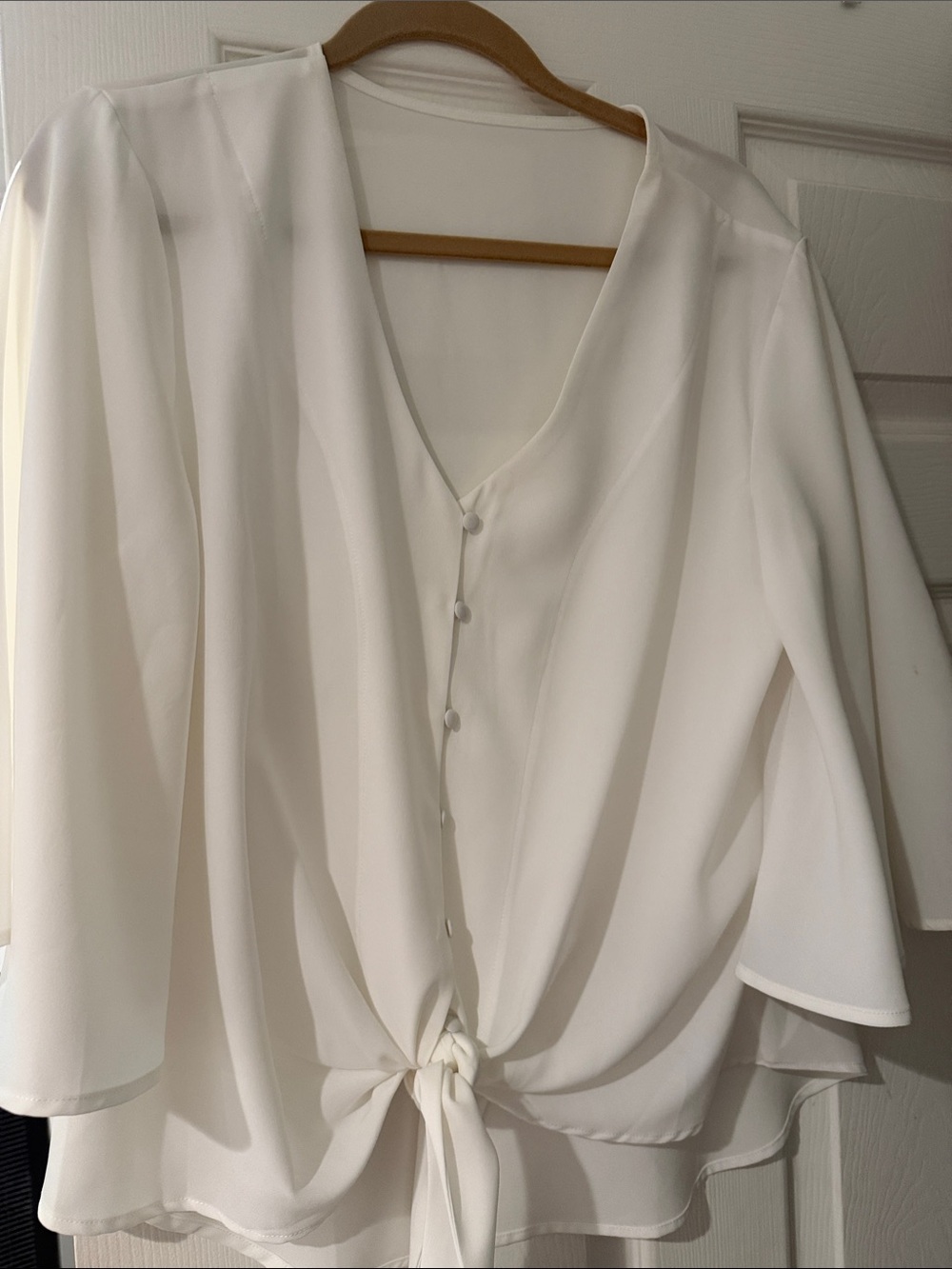 Women’s White Tie-Front Blouse - Elegant V-Neck Button Top
